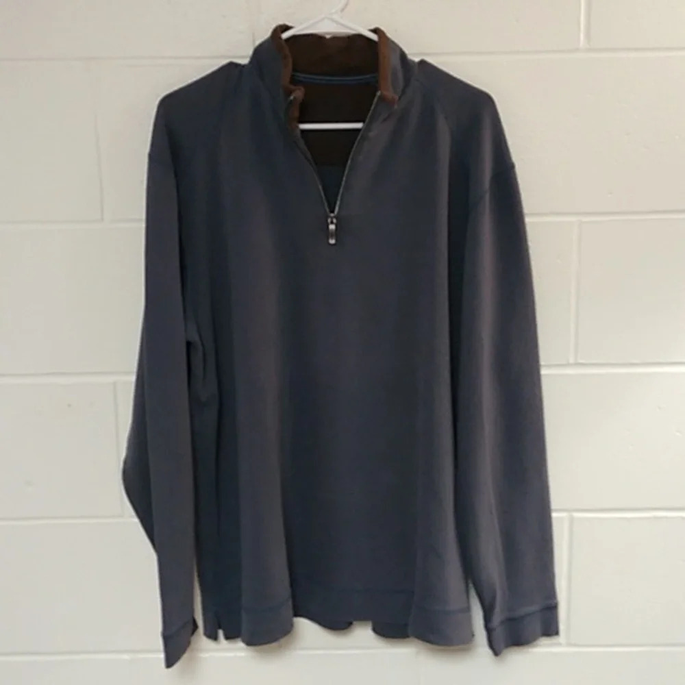 TOMMY BAHAMA 1/4 ZIP DENIM BLUE/BROWN 100% PIMA COTTON PULL-OVER SHIRT